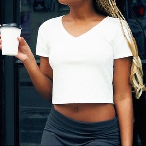 Brandy Melville White V-Neck Short Sleeve Top